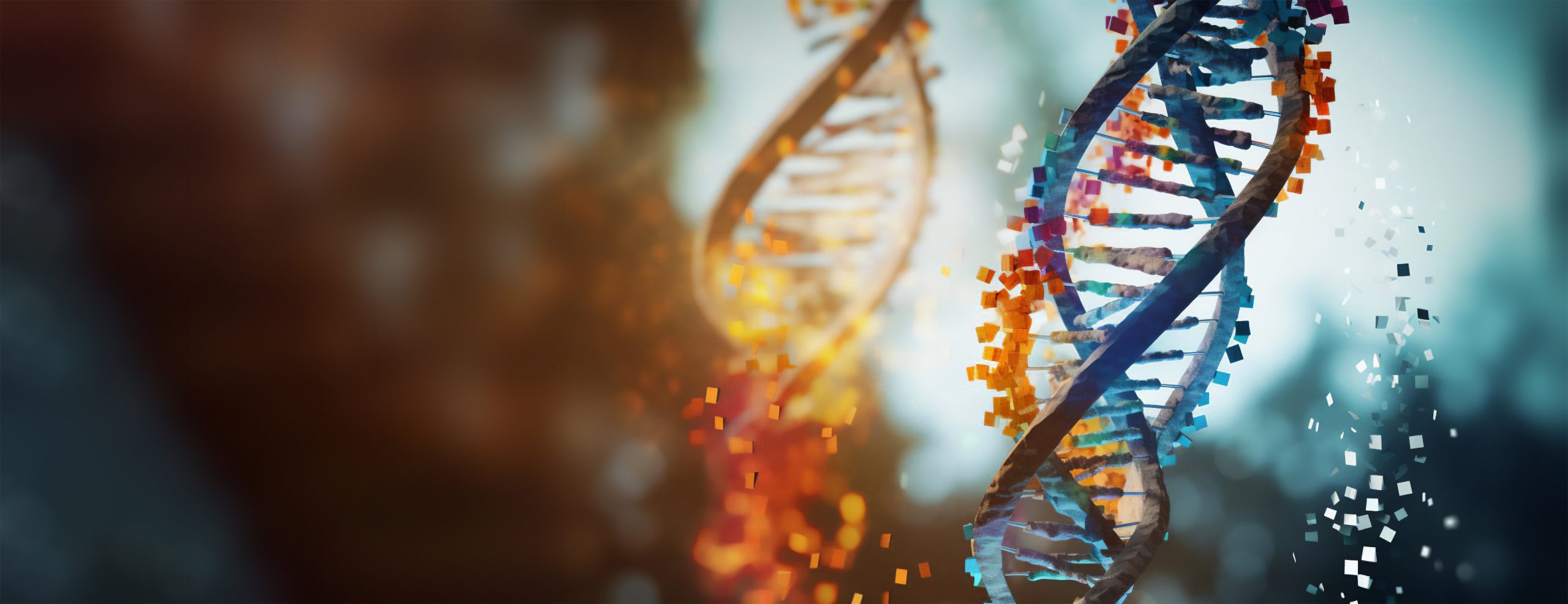 a DNA double helix unraveling, representing the process of long-read sequencing. Colorful nucleotides are scattered around, symbolizing the new genetic details unveiled